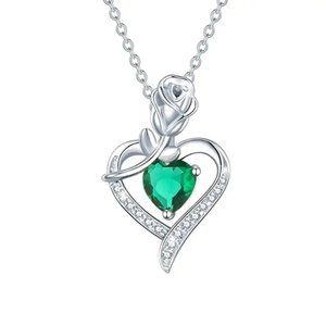 New Rose & Heart Shape Inlaid Shiny Zircon Elegant May Birthstone  Necklace